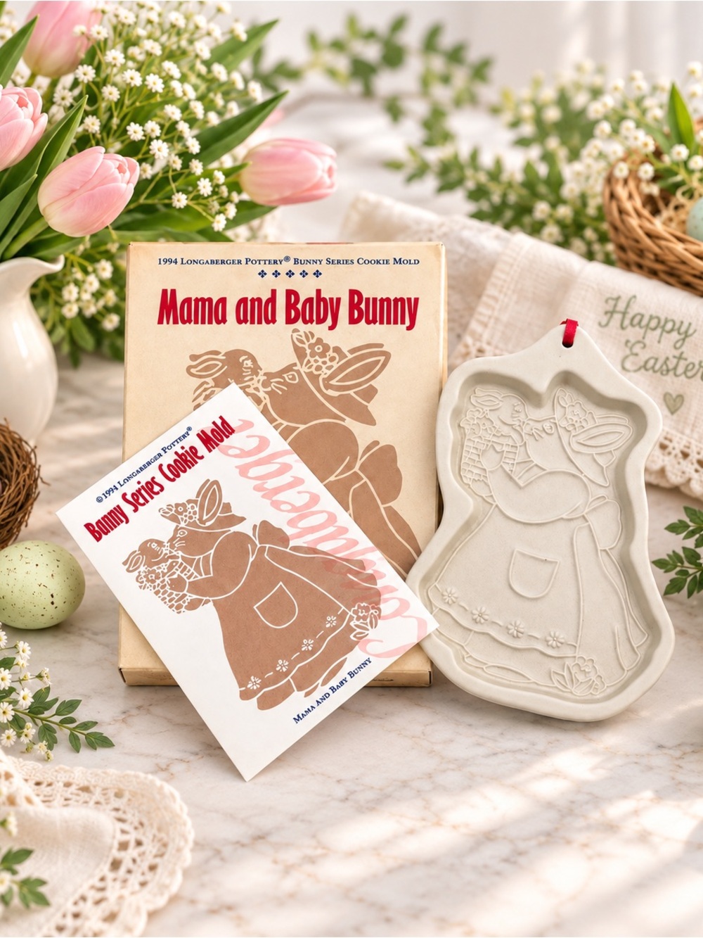 1994 Longaberger Mama & Baby Bunny Cookie Mold Box Booklet USA Vintage